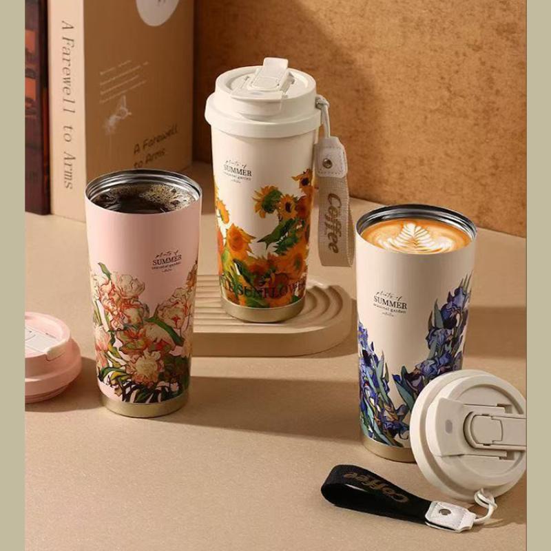 316 Stain Steel Thermos Cups 500ml Coffee Mug with Spoon Set of 3, Floral Ceramic Mug Gift Box for Birthday Wedding Christmas Valentine's Day