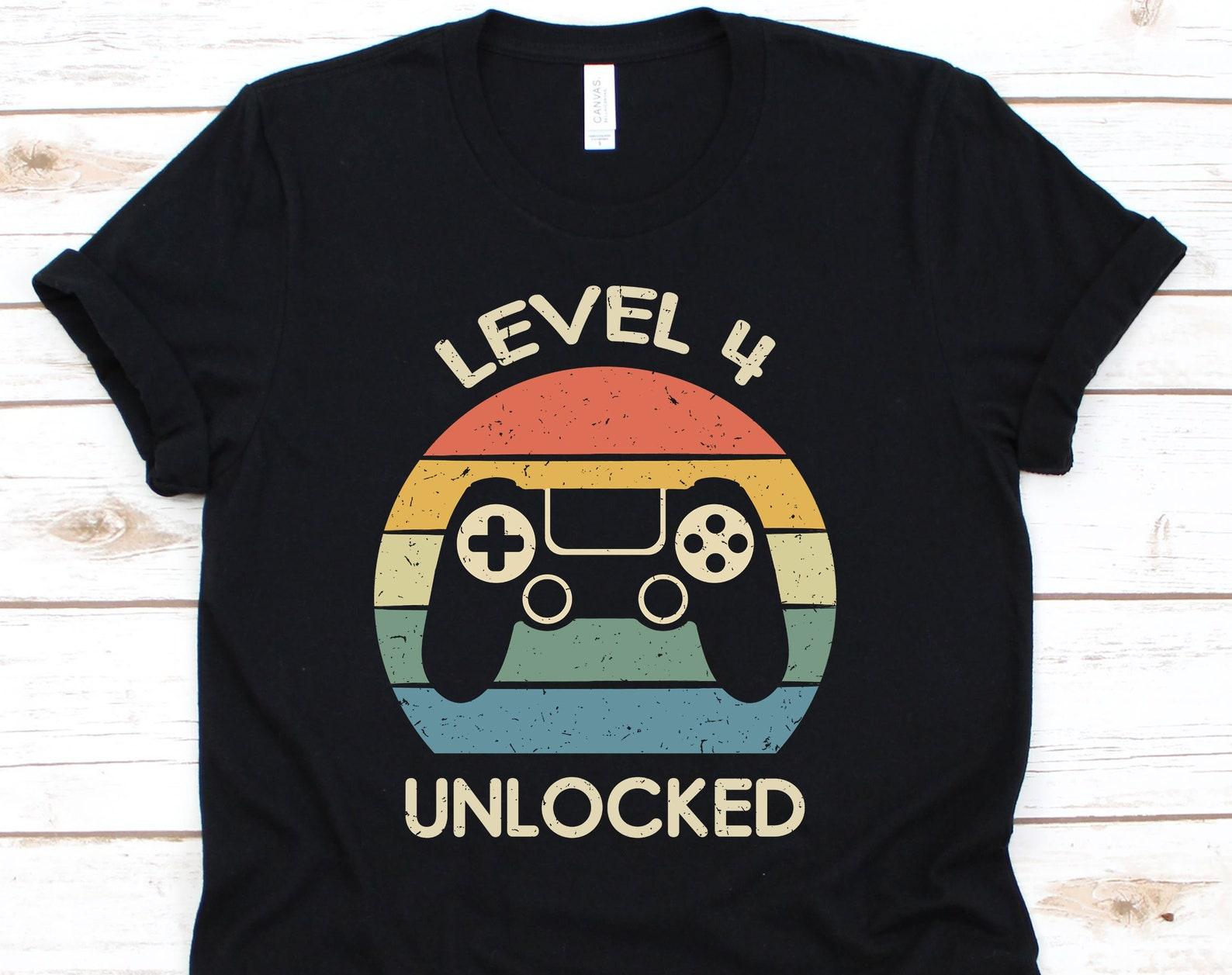 Level 4 Unlocked Shirt, Cool 4th Birthday Gift For Boy Girl, Fourth Birthday Gamer Party For Four Years Old, Birthday Retro Gamer Tshirt 3XL