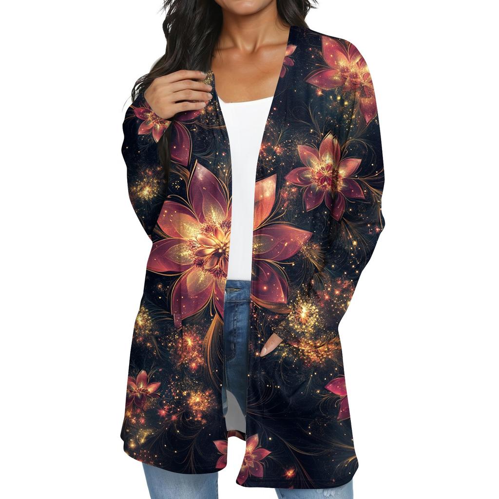 Women's Fashion Casual Retro Floral Print Mid-Length Cardigan Jacket