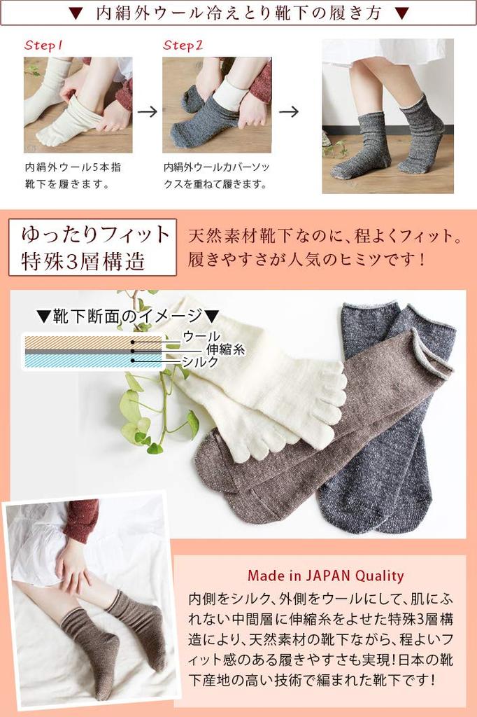 Hiorie Silk Inner and Wool Set of Socks with Heathered Charcoal Silk Japanese-Made Anti-Cold Socks, Outer, 2, Five-Toe Cover,