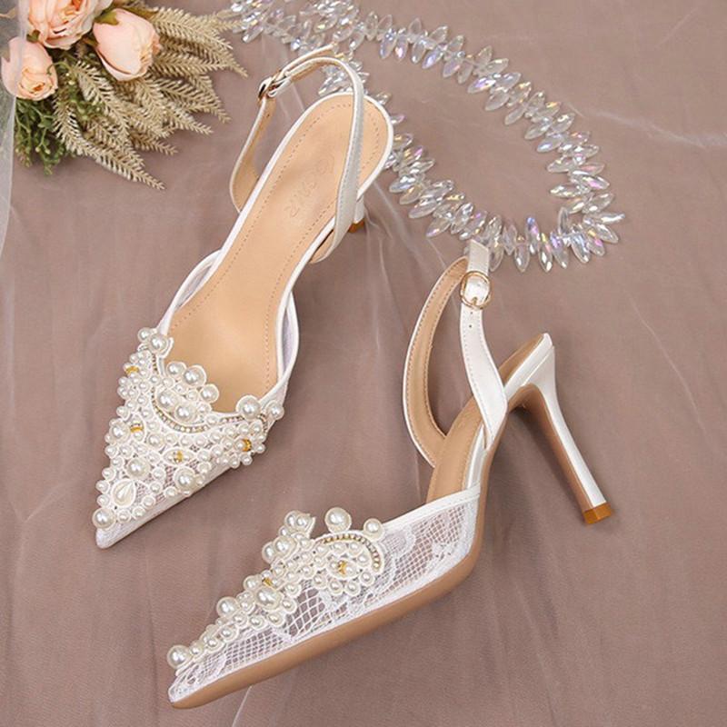 French Wedding Shoes Bride Shoes Main Wedding Pearl Single Shoes Niche After Empty High Heels Female Stiletto Hollow Head Sandal