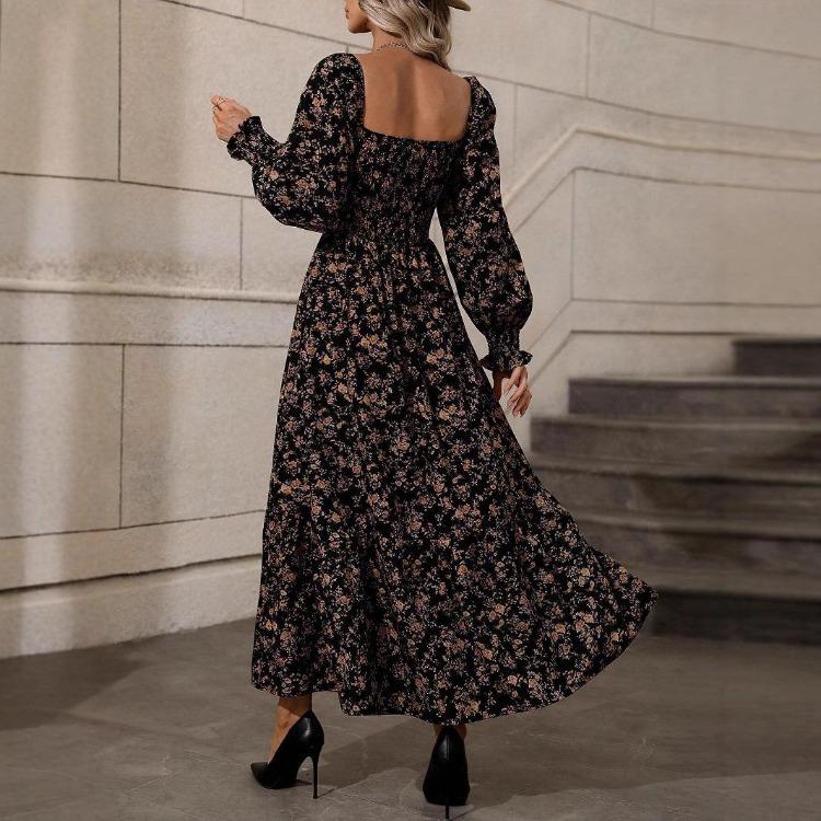 Elegant Floral Print Summer Dress for Women A Line Square Neck Long Sleeve Maxi Dress with Ruffle Hem