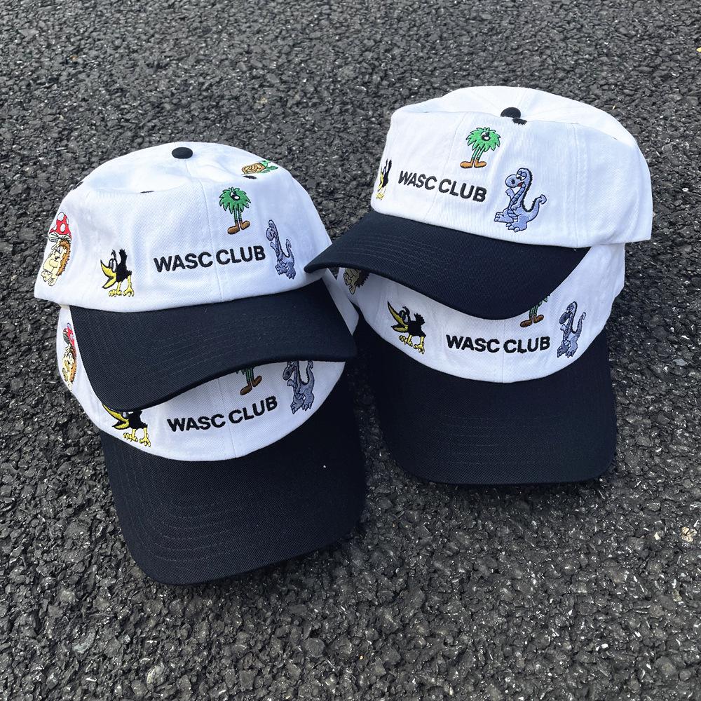 Czapka baseballowa w stylu retro z blokami kolorów, haftem i kreskówkowym zwierzęciem - Unisex miękki kapelusz, czarno-biały