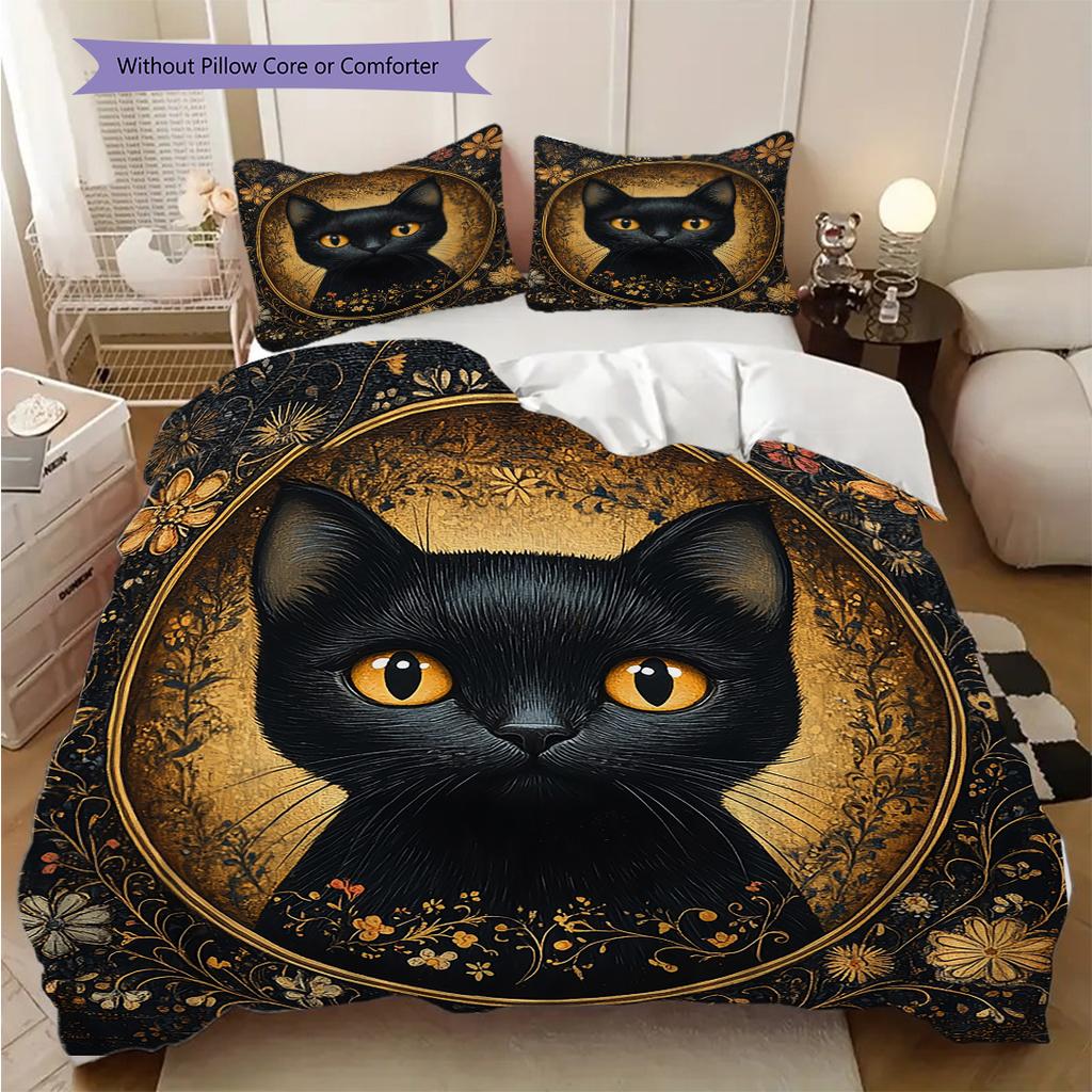 Black Cat Pattern Bedding Quilt Set Quilt Cover Pillowcase Home Decoration Birthday Gift (1 * Duvet Cover + 2 * Pillowcase, Without Core)