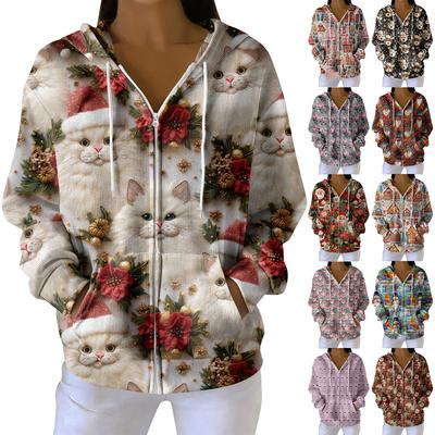 Damen Freizeitmode Langärmiger Strick-Hoodie mit Reißverschluss und Weihnachtsdruck