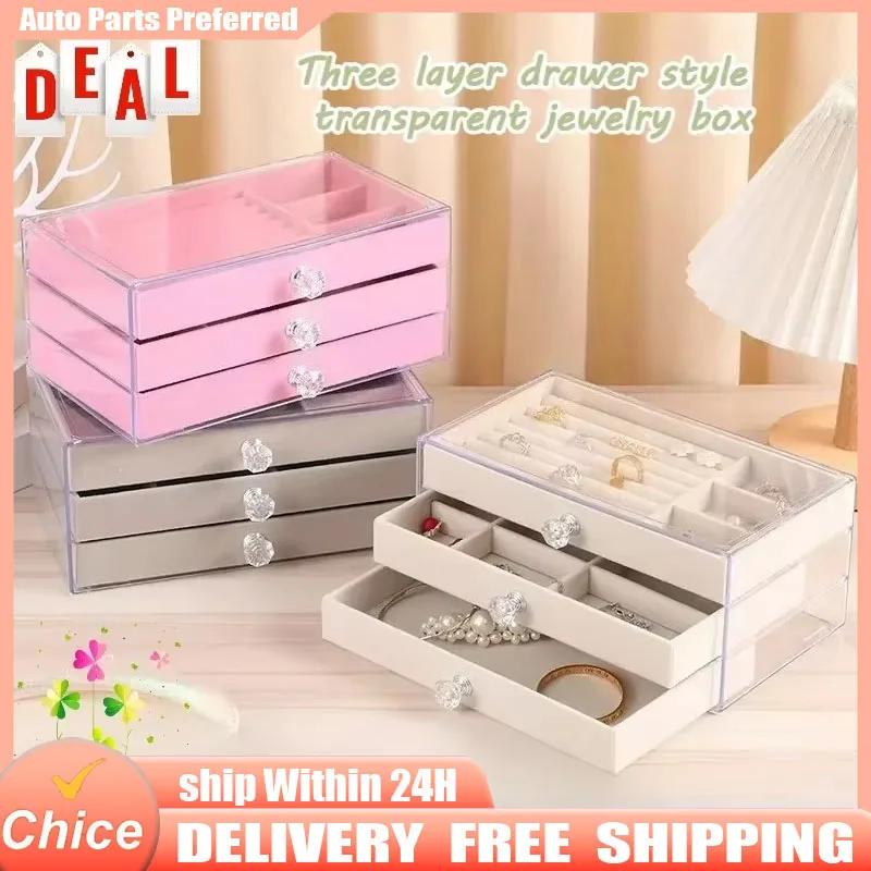 New Three Layer Drawer Style Transparent Jewelry Box, Large Capacity Anti Oxidation Earring Necklace Jewelry Storage Box