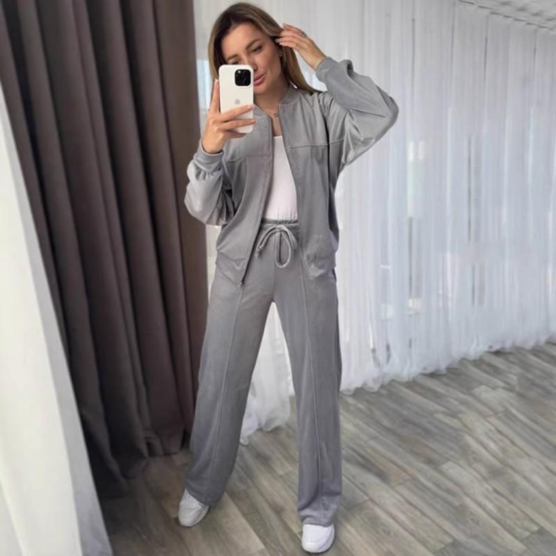 Womens Soft Fleece Lounge Set: Zip-Up Hoodie Top Drawstring Wide-Leg Pants Solid Color All-Season Comfort Wear