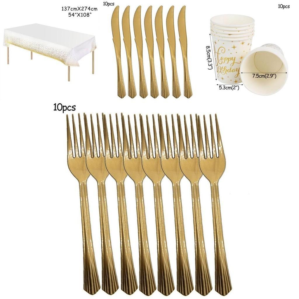 Elegant Gold Polka Dot Stamping Happy Birthday Party Decor Supplies Disposable Tableware Set