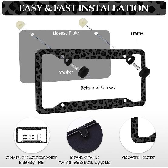 Black Leopard Print License Plate Frame - Leopard Personalise License Plate Holder, Rust-Proof Stainless Steel Waterproof Car Decorative Tag Frames