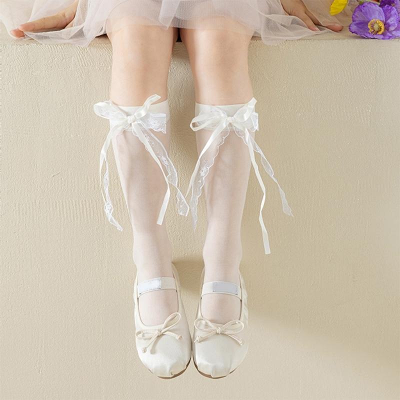 Soft & Breathable Girls Under Knee Length Socks Lovely Bowknot Accent Middle Tube Socks Stockings Enjoy Sweet Charm