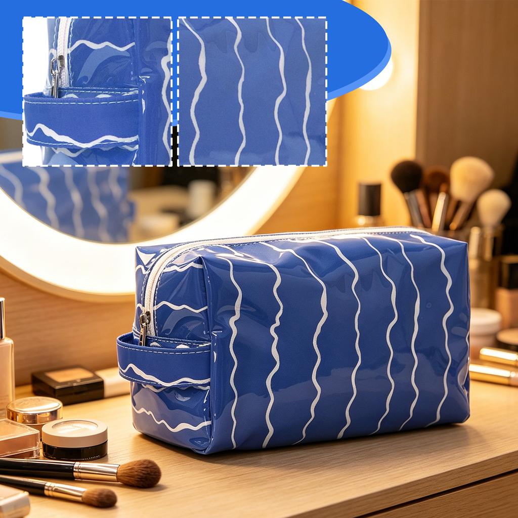 Wavy Pattern PVC Cosmetic Bag Large Capacity Waterproof Travel Toiletry Organizer Portable Storage Pouch with Handle for Bathroom