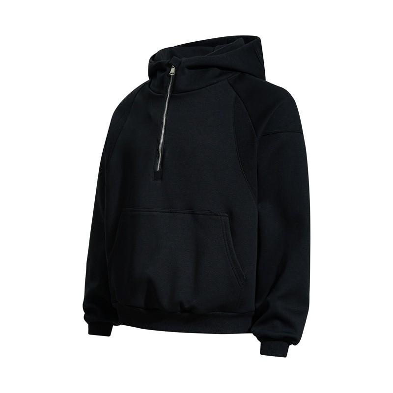 Unisex Streetwear Cropped Hoodie With Half-Zip Deconstructed Patchwork Drop Shoulder Pouch Pocket
