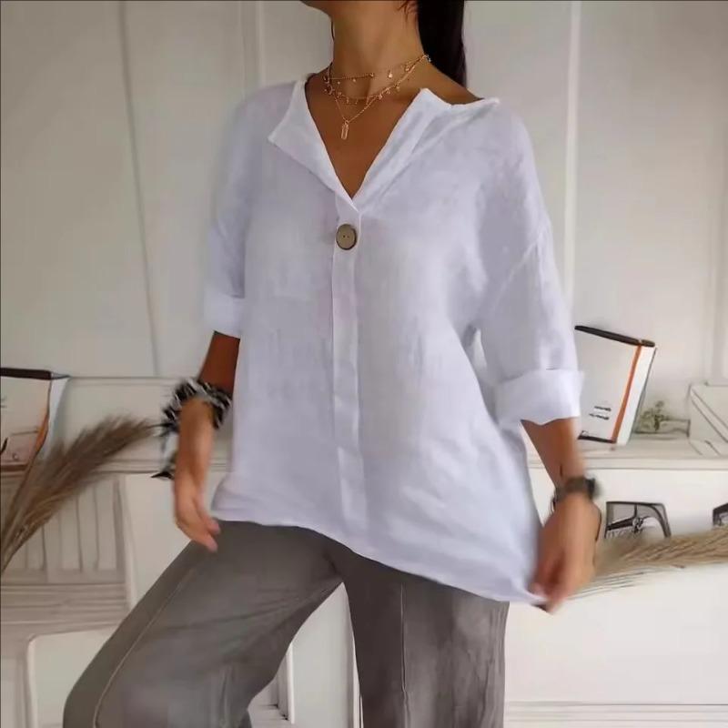 Spring Summer Women's Shirt Blouses V Neck Button Tee Shirts Sleeve Casual Loose Fit Pullover
