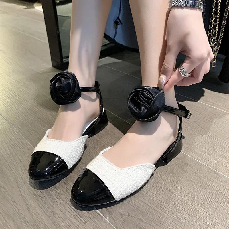 

Fashion Elegant Rose Lady Dress Shoes Classic Black and White Color Block Women s Slingback Sandals Comfortable Low Heel Casual Sandals 35 бежевый