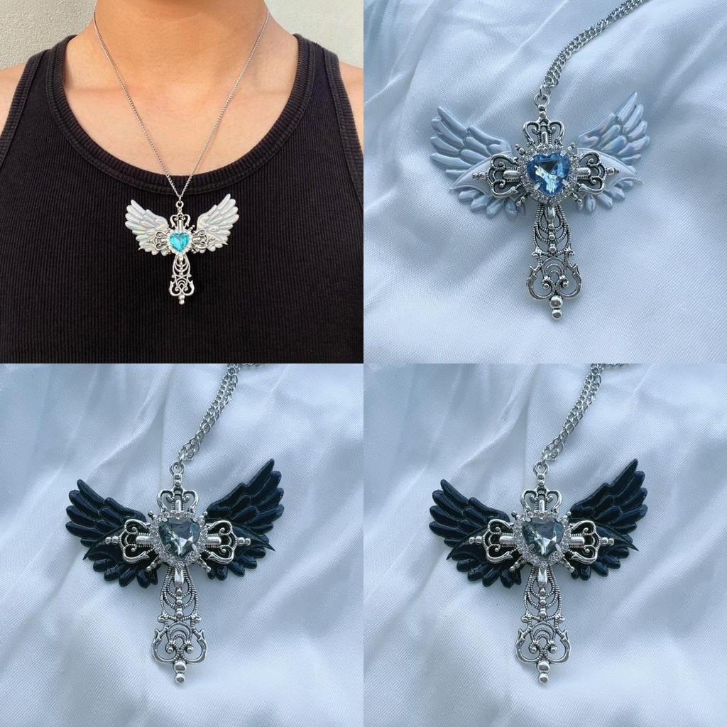 Y2k Gothic Style Unique Angel Cross Sweater Necklace Fashionable Alloy Jewelry For All