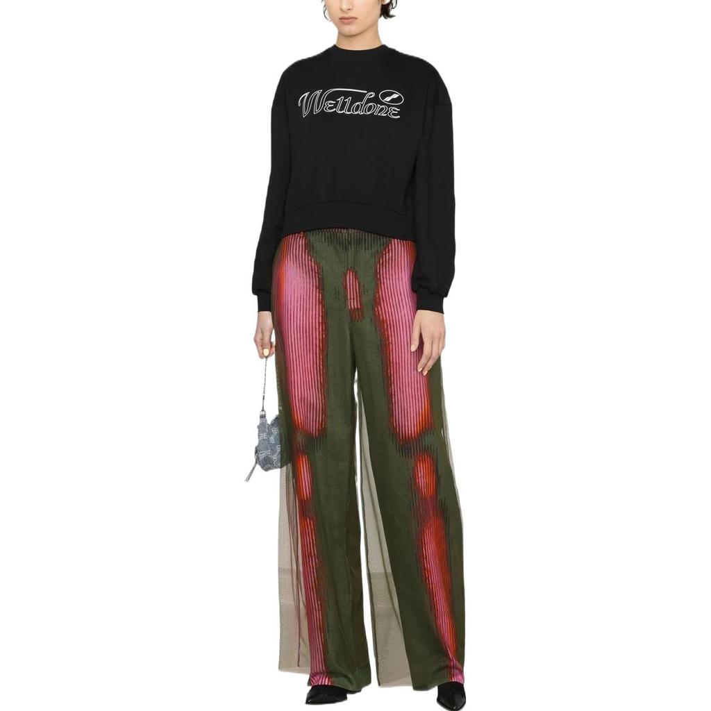 We11done FW22 Letter Logo Print Round Neck Cropped Long Sleeve Sweatshirt Women sweatshirt Black WD-TS3-22-860-W-BK