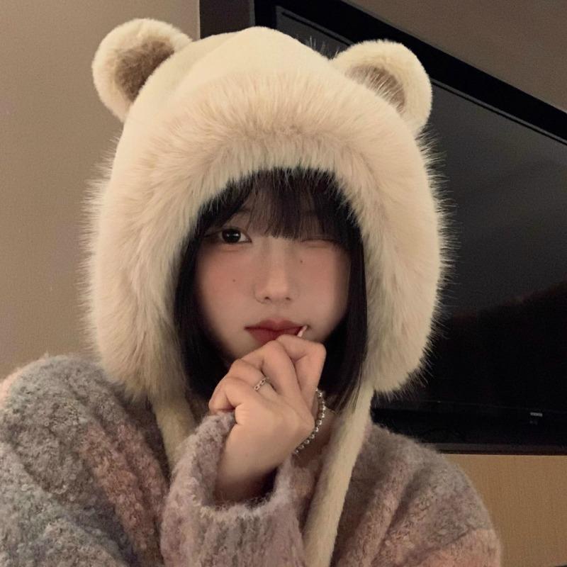 Cute female autumn and winter bear ears plush hat plush and thickened cycling cold-proof ear hat