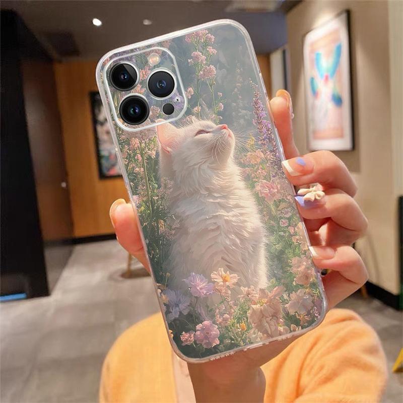 Cute White Cat Phone Case For iPhone 17 Pro Max Air 17 16 15 14 13 Pro Max 15 16 Pro 15Plus Silicone Cover