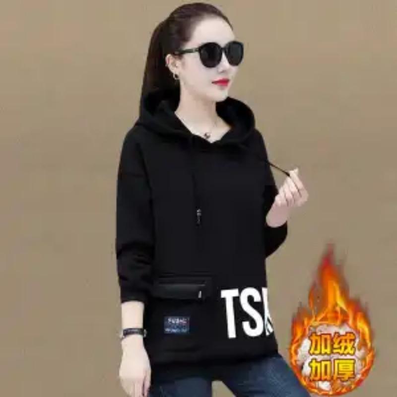 

Velvet Thickened Hooded Sweatshirt Women s Base Layer Winter New Loose Mid-length Jacket L чорний