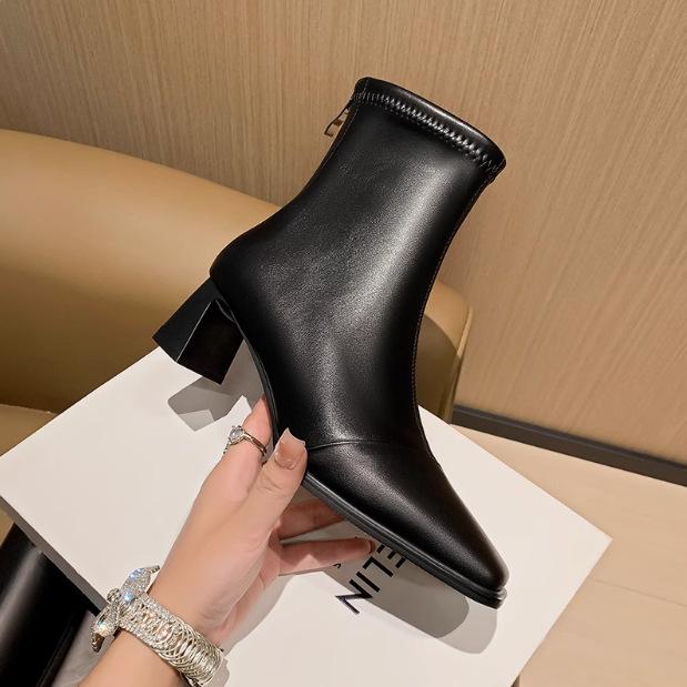 French retro thin boots women's Martin boots autumn and winter temperament foreign style square head high heels short boots thick heel elastic single
