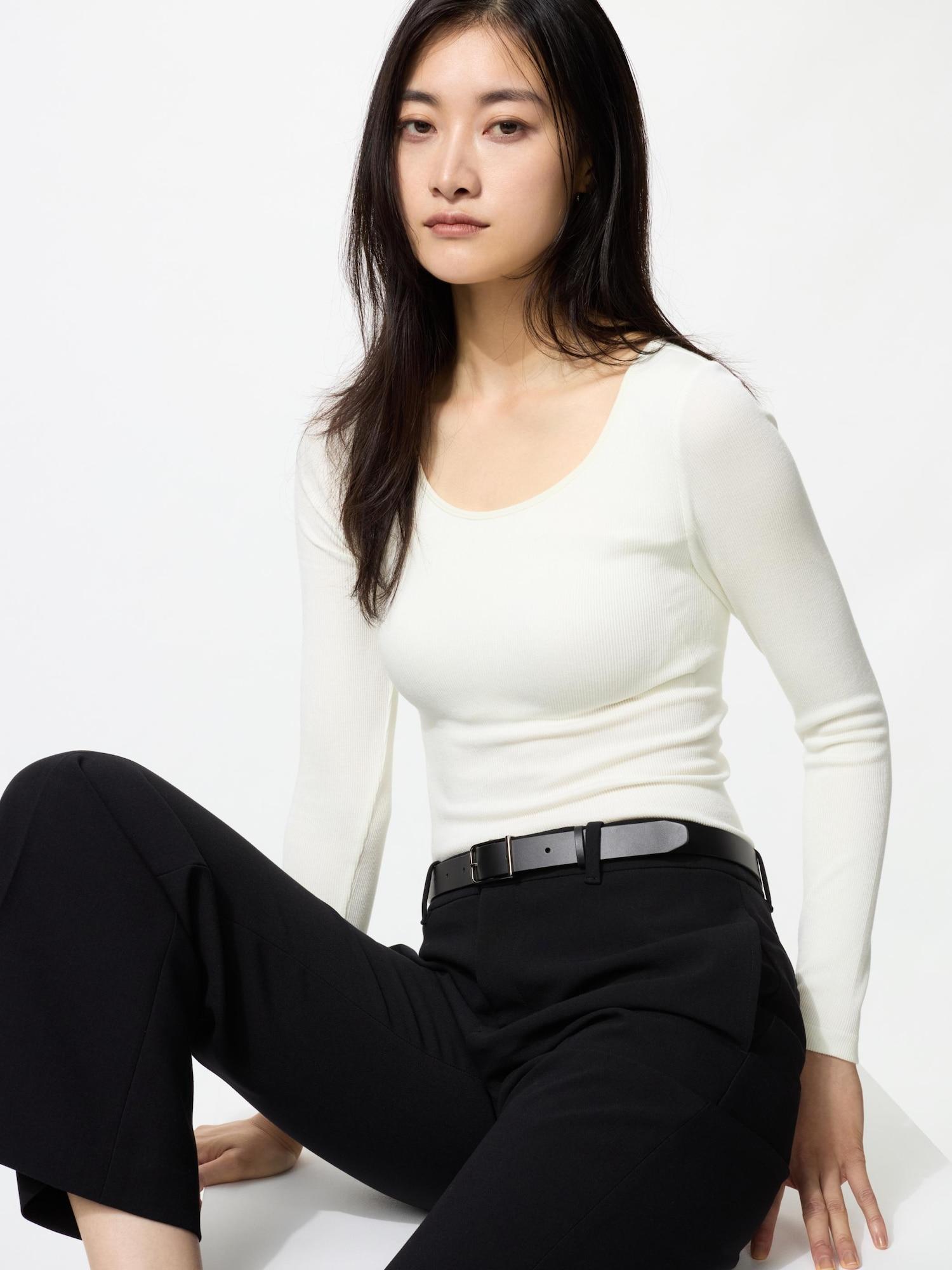 

Uniqlo Ультра теплое термобелье с рубчиком, с U-образным вырезом, футболка с длинным рукавом 00 WHITE/XS