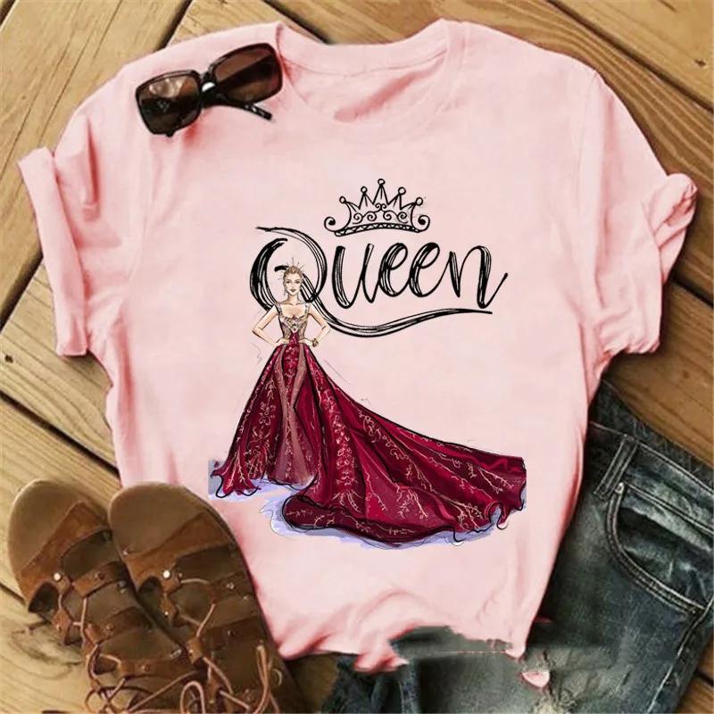 Pink Crown Queen Print Women T Shirt Short Sleeve O Neck Loose Women Tshirt Ladies Tee Shirt Tops Clothes Camisetas Mujer