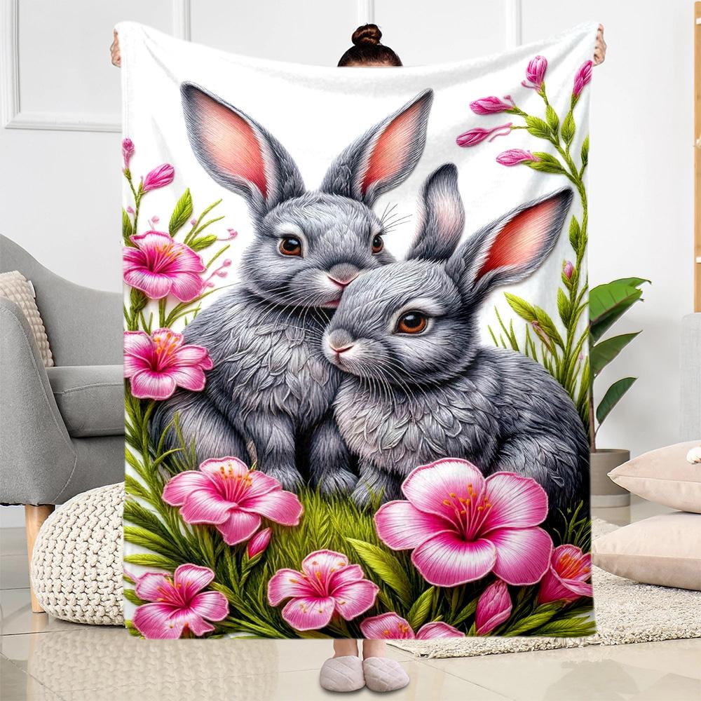 Easter Bunny With Flowers Blanket,Suitable for sofas, offices, travel, living rooms, gift for friends and family,Suitable for all seasons.