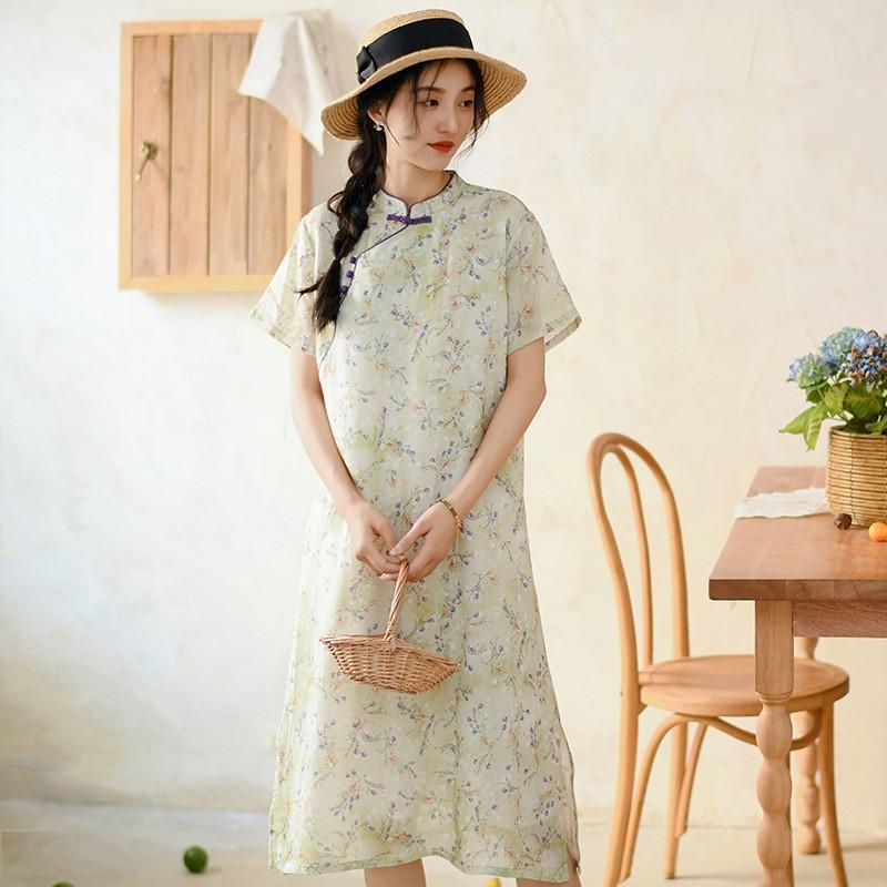 Johnature Women Vintage Print Floral Dress Stand Button Short Sleeve Summer Chinese Style Dress