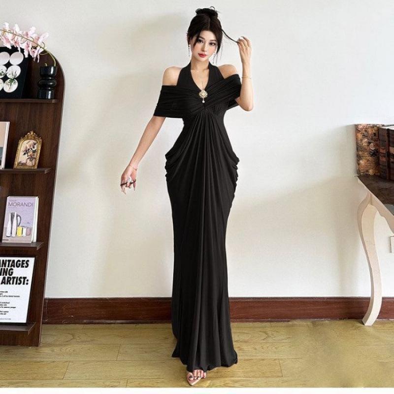 French Pure Desire Style Pleated Slim and Thin Neck Dress Femininity Drape Dress