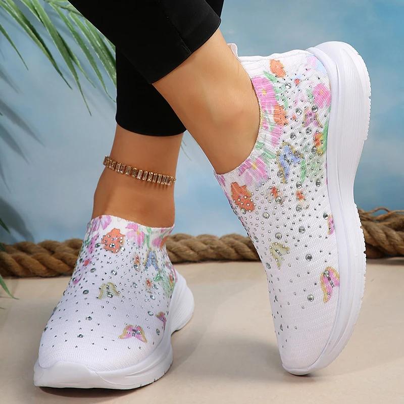 Fashion Rhinestone Decor Knitted Sneakers Women Fashion Floral Butterfly Print Casual Shoes Woman Summer Breathable Mesh Running Shoes