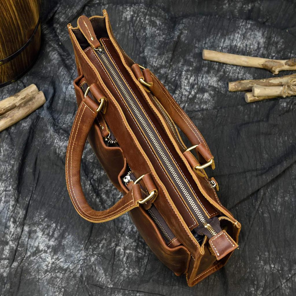 תיק עור אמיתי לעסקים Luufan, תיק טוטה לגברים, עור פרה רטרו, תיק עבודה דו-כיווני, אחסון למחשב נייד 14 אינץ', תיק כתף מעור