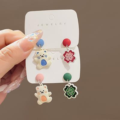 Japanese Cute Dripping Oil Flower Bear Color Matching Earrings Simple Niche Design Earrings Women