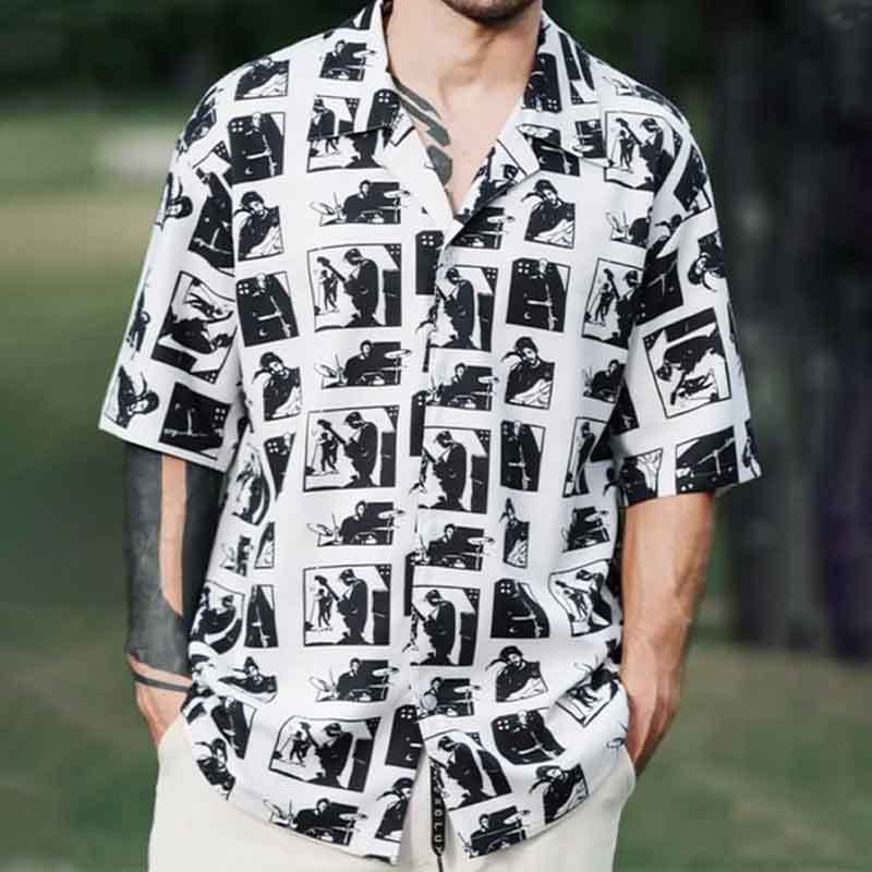 Trendy Casual Short-sleeve Shirts for Men s Summer Wear  Printed Cuban Collar Shirt for Men Men s Trendy Band Print Short Sleeve Vacation Shirt S