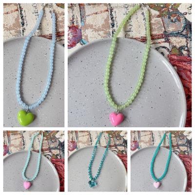 Candy Color Heart Pendant Blue Green Glass Beaded Contrast Design Necklace Girl 2025 Summer Fashion Female Jewelry Accessories