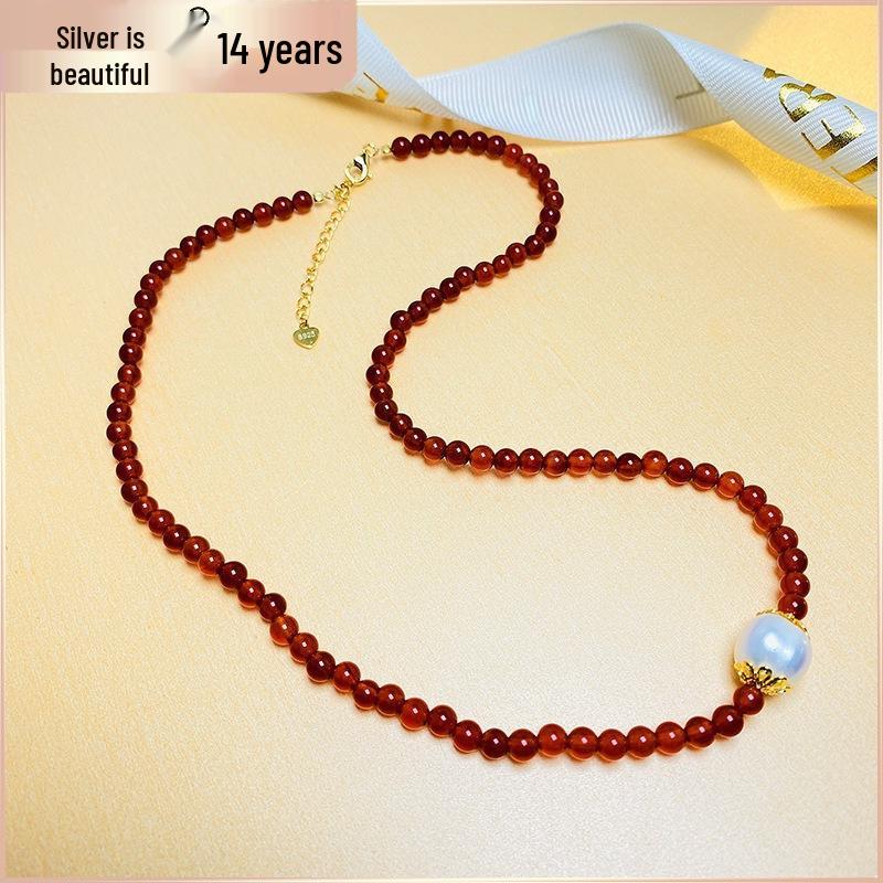 S925 Silver Red Agate & Pearl Tower Necklace - Light Luxury Chinese Style Women's Fashion