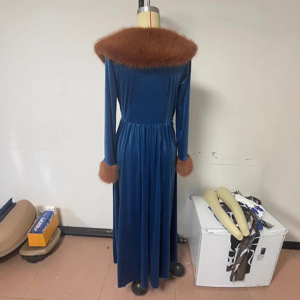 Women'S Long-Sleeved Long-Style Thickened Gold Velvet Dress Fur Collar Jacket Dress