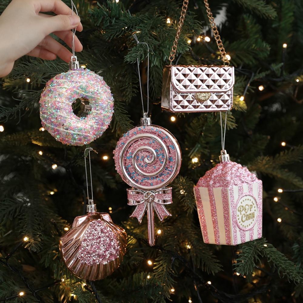 2pcs Shatterproof Pink Christmas Tree Ornaments set with Hanging Loops for Xmas Holiday Party Decorations Plastic Donuts Pendant