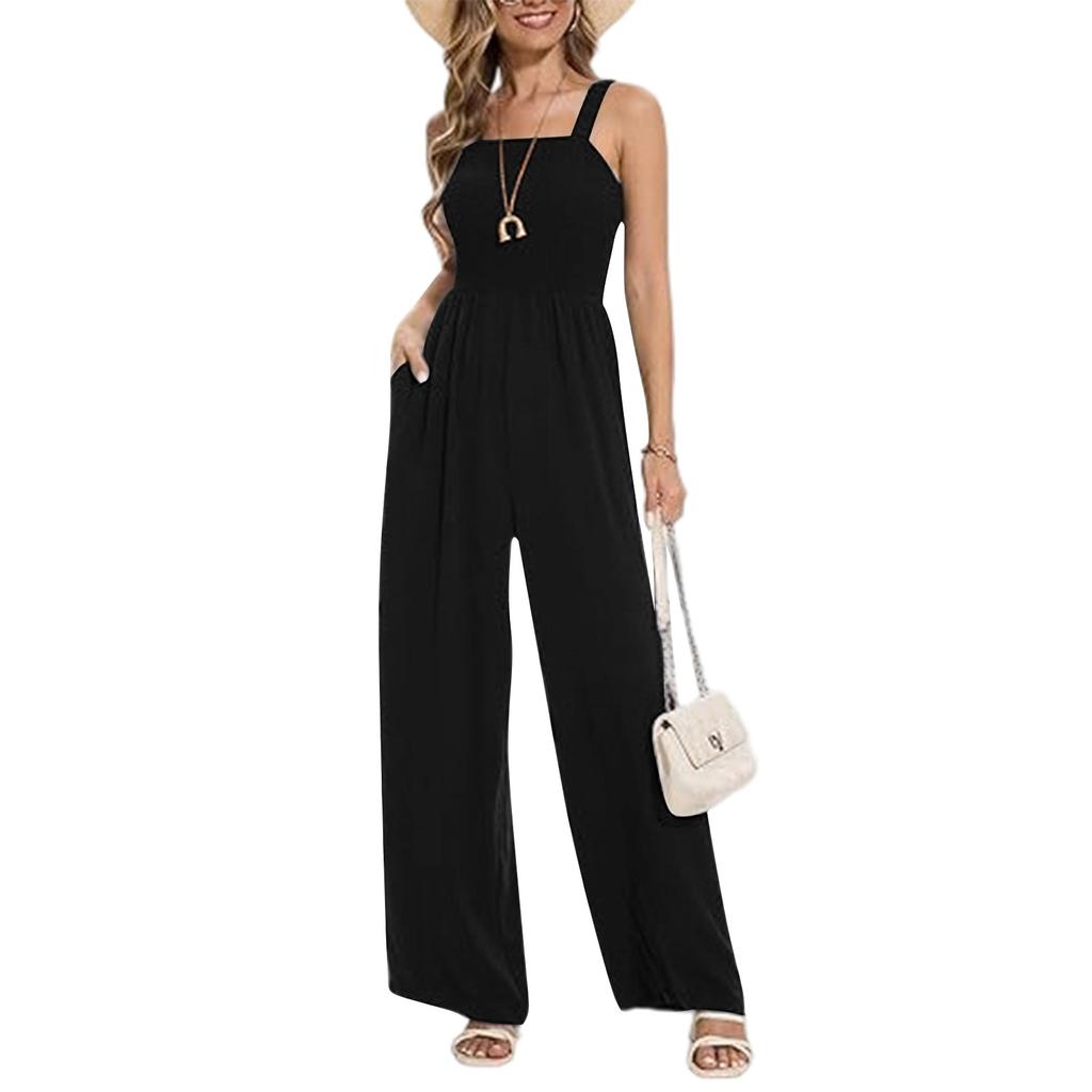 Women's Fashionable Casual Relaxed Square Neck Sleeveless Wide Leg Jumpsuit