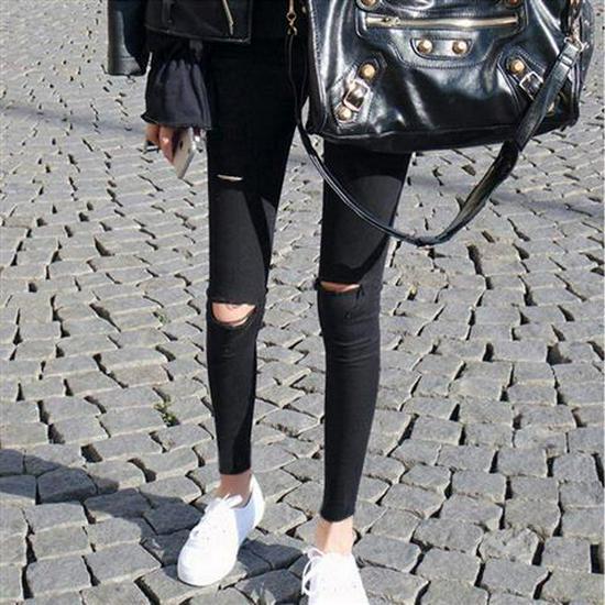 

Твил Утягивающие Черные Брюки-Карандаш для Женщин - Весенне-Осенний Рваный Стиль Double Extra Large