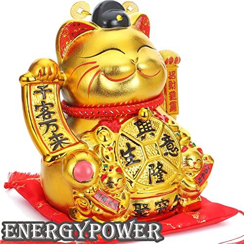 EnergyPower Golden Electric Maneki Neko Ceramic Large Premium Model Cushion Battery USB Gold Hand-painted Handmade Cute Cat Inviting Automatically Its