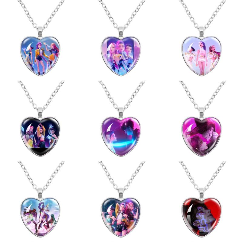 Kpop Demon Hunters Necklace Cartoon Heart Shape Pendant Anime Charms Neck Chains Electroplate Accessories Fashion Jewelry Gift