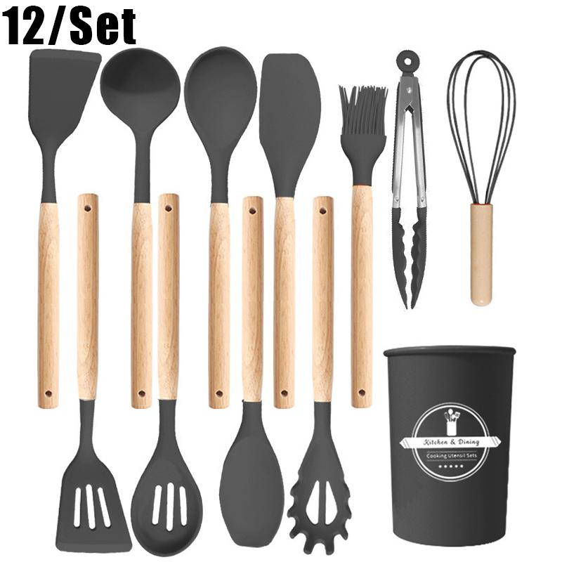 Conjunto de 12 Utensílios de Cozinha com Cabo de Madeira, Silicone Resistente ao Calor, Anti-riscos e Livre de BPA