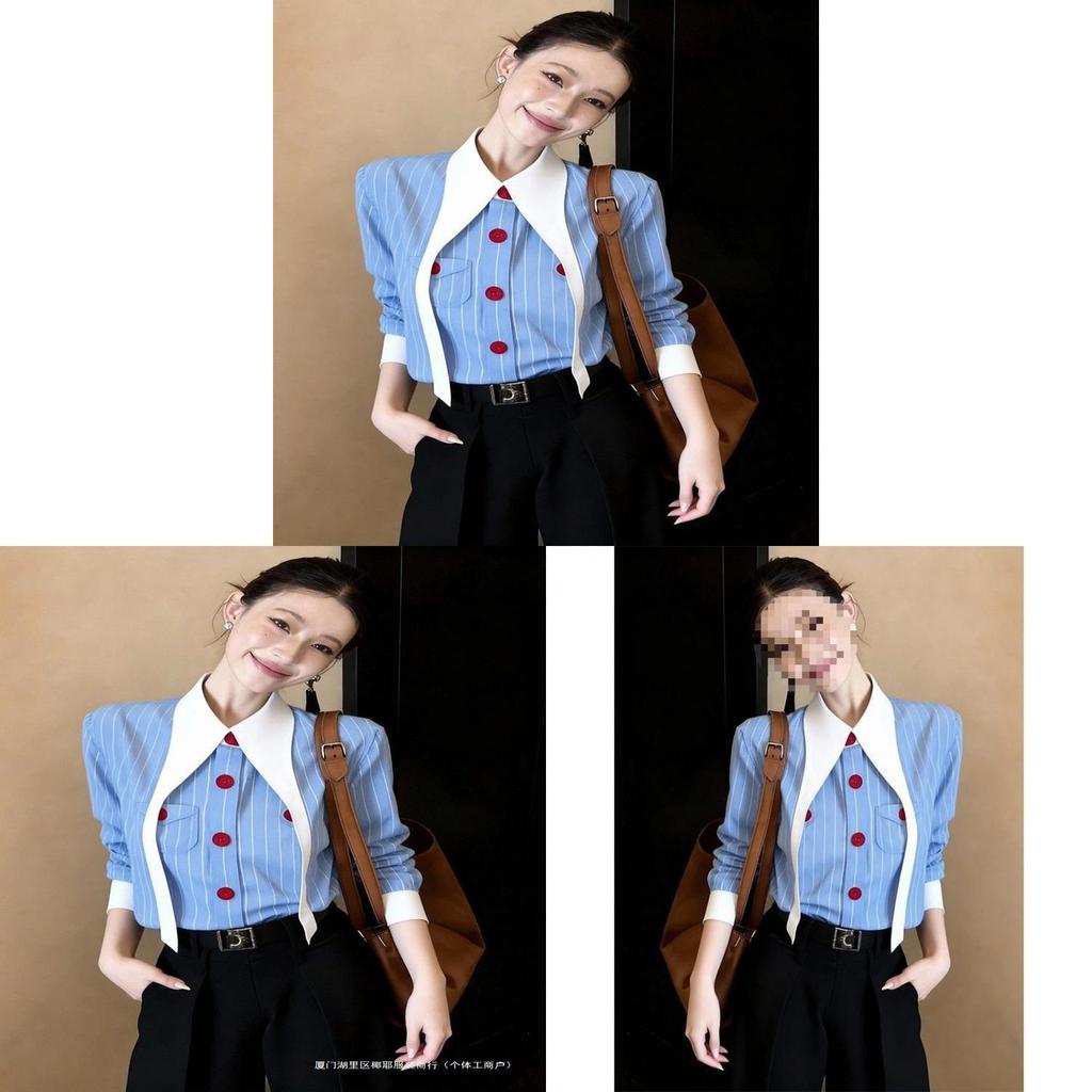 Spring Blue Striped Shirt For Women With 3d Effect And Offshoulder Design