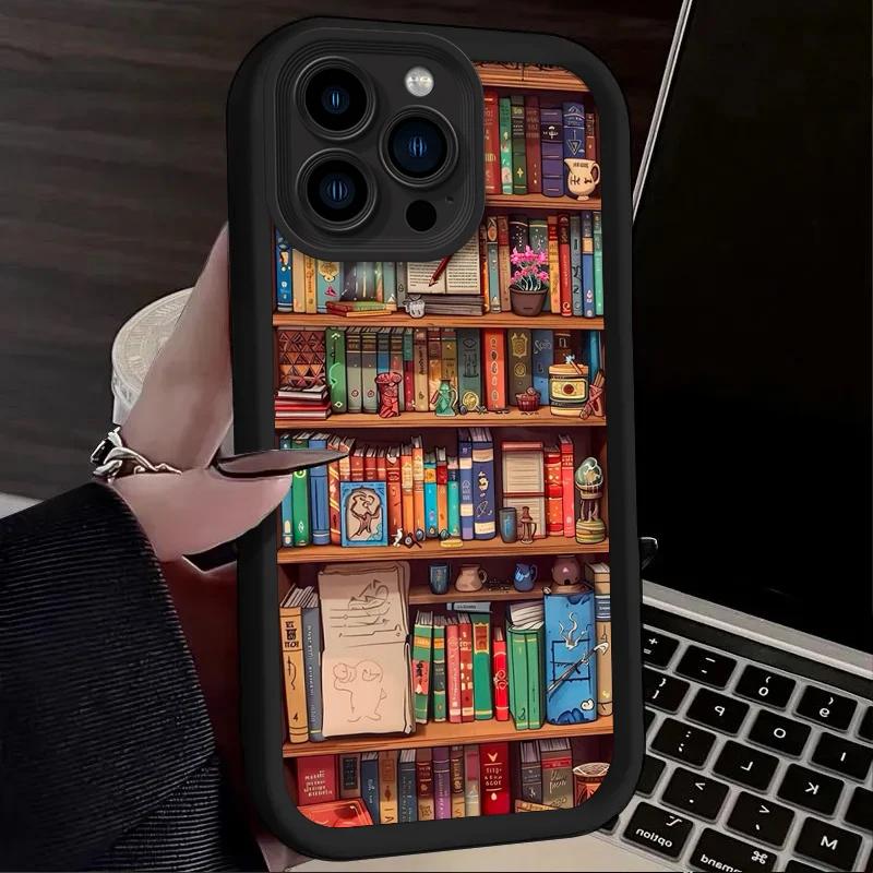 Cartoon Bookshelf Pattern TPU Phone Case for IPhone 16 16E 15 14 13 12 11 Pro Max X XS X S Max XR SE Shockproof Bumper Cover