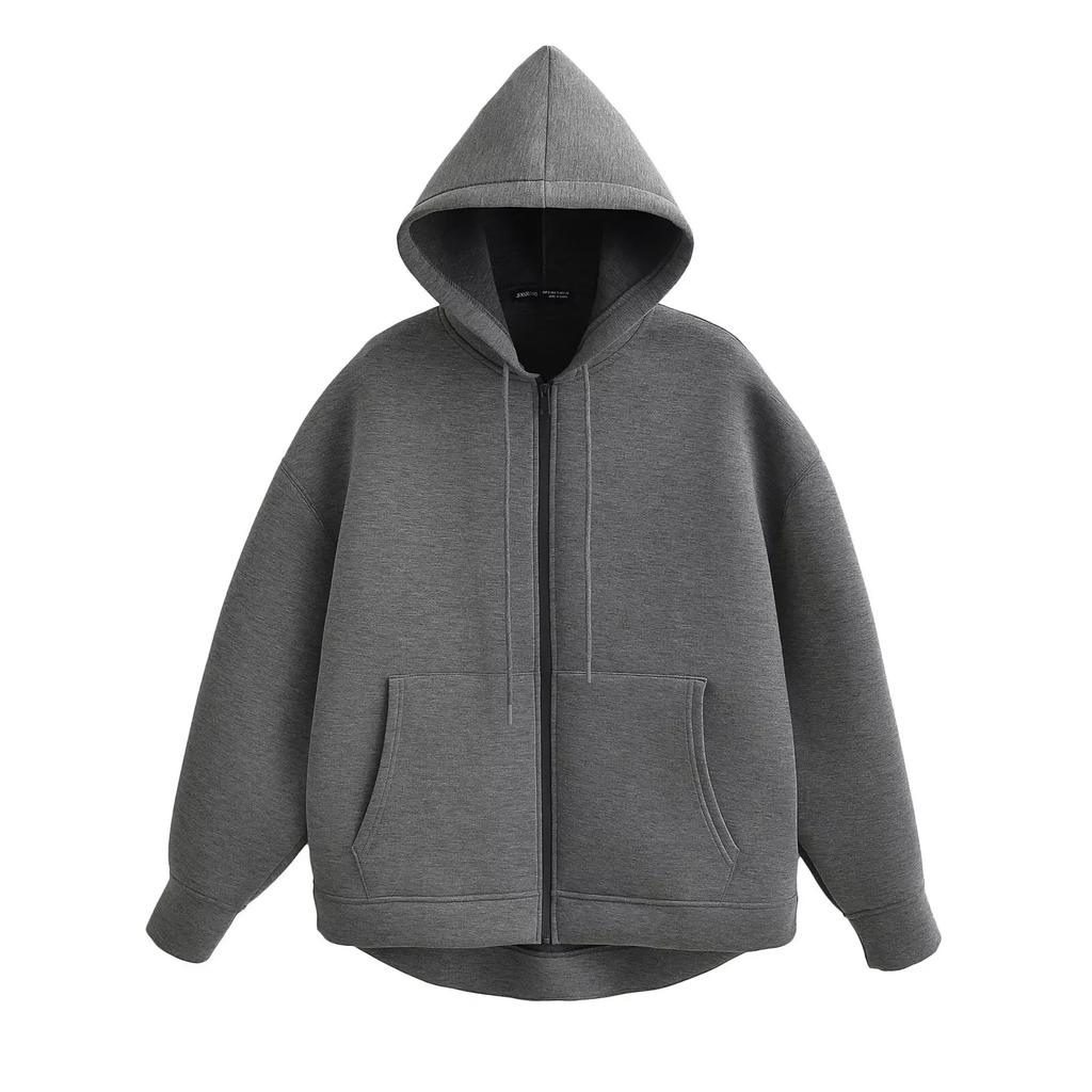 Autumn Women Gray Jacket With Hood Long Sleeve Big Pocket Zipper Jacket Coat Woman Loose Casual Outerwear Coat Tops