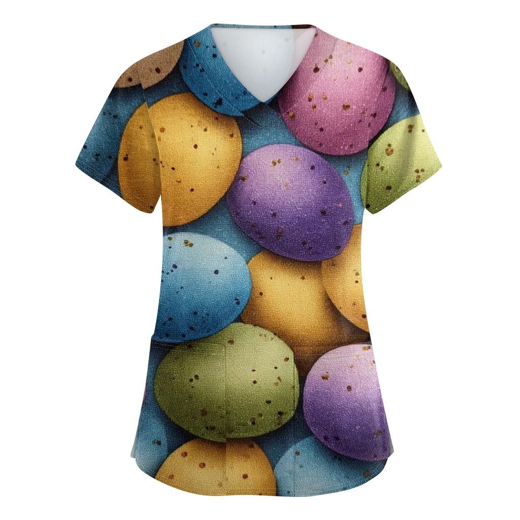 Damenmode V-Ausschnitt Kurzarm Arbeitskleidung Mit Taschen Osterdruck Oberteil Pflegekraft Uniform