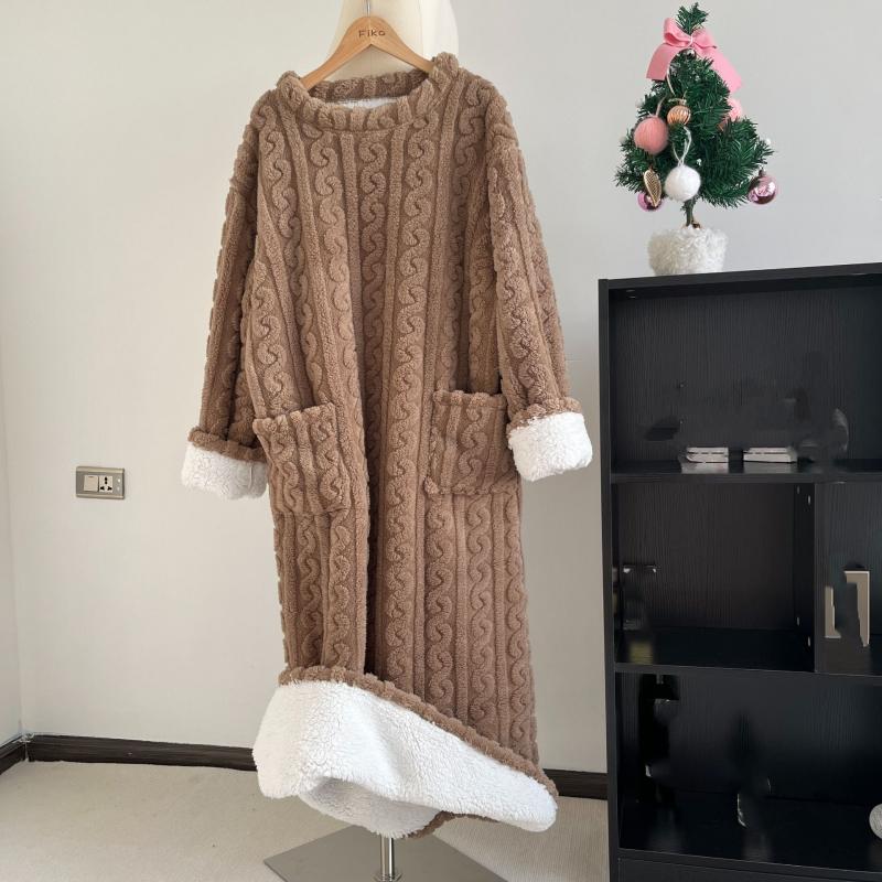 Coral Fleece Jacquard Nightgown Winter Pajamas Warm Homewear Nightdress