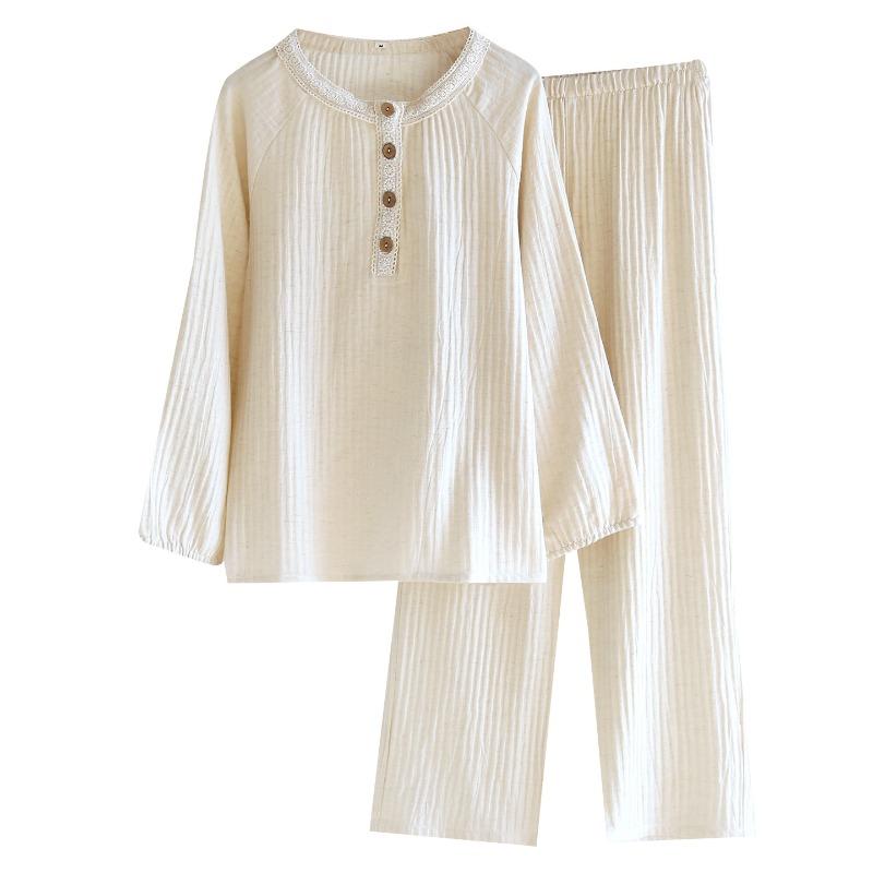 2026 Neues Damen Frühjahr/Sommer Pyjama-Set 100% Baumwolle Hanf Spitzenkragen Reine Baumwolle Langarmhose Hauskleidung Nachtwäsche