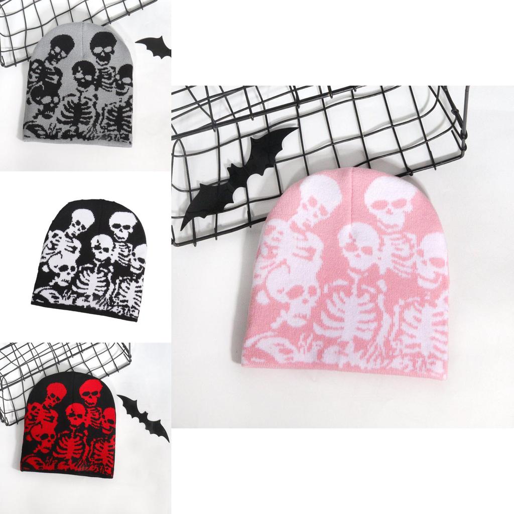 Skull Pattern Knitted Cap With Acrylic Fabric For Fall Winter Streetwear And Hiphop Style