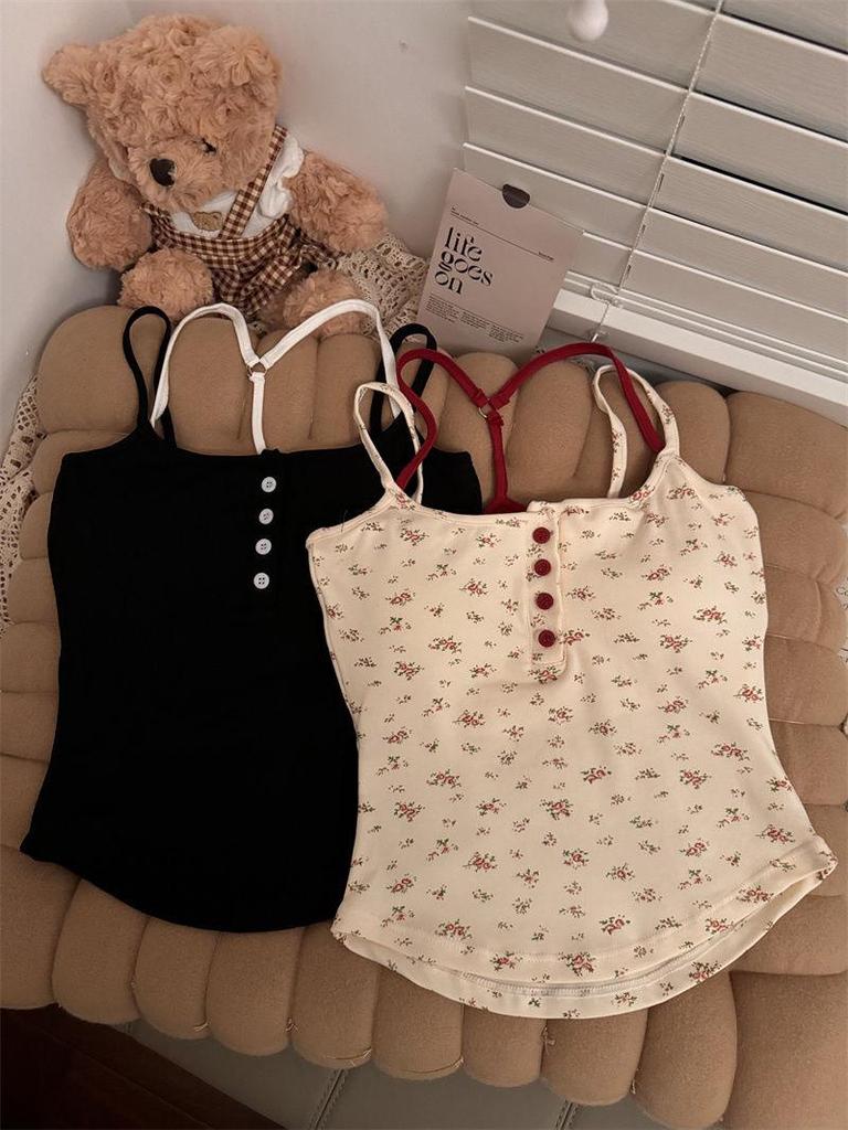 H330 Pure & Sexy Floral Button Crop Top with Built-in Bra for Women